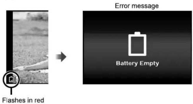 Flashes in red Error message Battery Empty