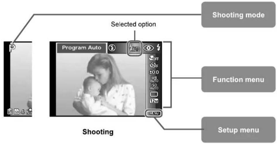 Selected option Shooting mode Program Auto OFF OFF ±0.0 WB AUTO 15D AUTO 12M MENU Function menu Shooting Setup menu