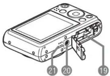 Diagram of a digital camera with labeled ports and connectors, showing numbered parts 19, 20, and 21.