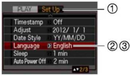 PLAY Set Up Timestamp Off Adjust 2012/ 1/ 1 Date Style YY/MM/DD Language English Sleep 1 min Auto Power Off 2 min ▲ 2/3
