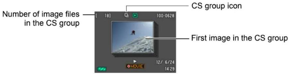 Number of image files in the CS group [ 18] 100-0628 CS group icon First image in the CS group 12/ 6/24 14:29 MOVIE