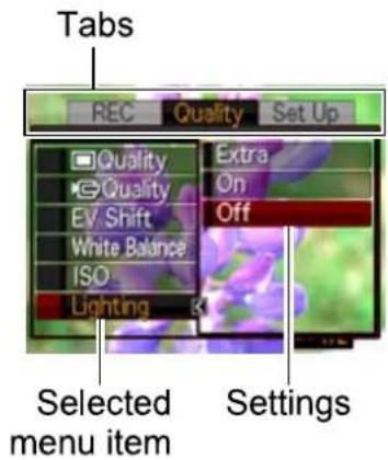 Tabs REC Quality Set Up Quality Extra Quality On EV Shift Off White Balance ISO Lighting Selected menu item Settings