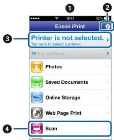 Epson iPrint Printer is not selected. > Tap here to select a printer. Buy Ink/Tuner Photos Saved Documents Online Storage Web Page Print Scan