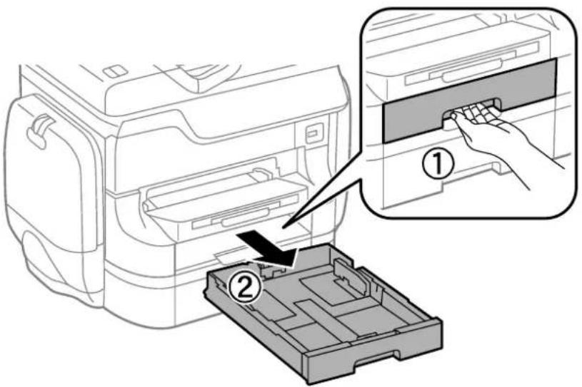 Diagram showing printer internal structure with labeled parts and a hand inserting a component into a tray