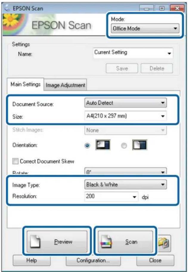 EPSON Scan EPSON Scan Mode: Office Mode Settings Name: Current Setting Save Delete Main Settings Image Adjustment Document Source: Auto Detect Size: A4(210 x 297 mm) Stitch Images: None Orientation: Correct Document Skew Rotate: 0° Image Type: Black & White Resolution: 200 dpi Preview Scan Help Configuration... Close