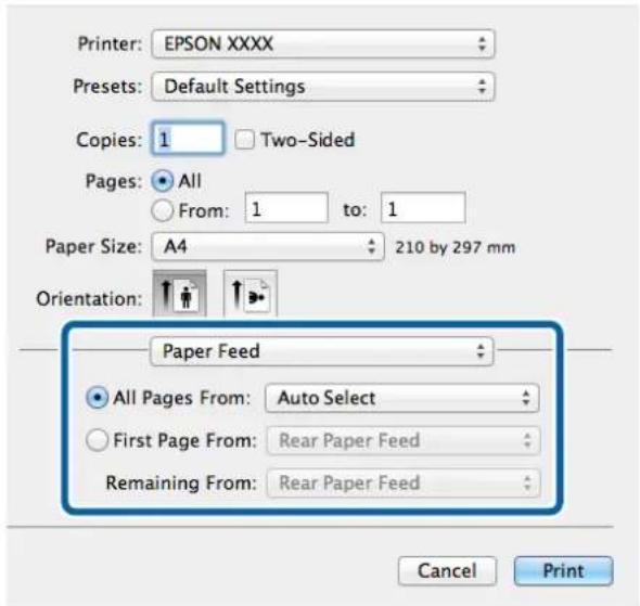 Printer: EPSON XXXX Presets: Default Settings Copies: 1 Two-Sided Pages: All From: 1 to: 1 Paper Size: A4 210 by 297 mm Orientation: Paper Feed All Pages From: Auto Select First Page From: Rear Paper Feed Remaining From: Rear Paper Feed Cancel Print