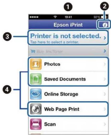 Epson iPrint Printer is not selected. > Tap here to select a printer. Photos Saved Documents Online Storage Web Page Print Scan