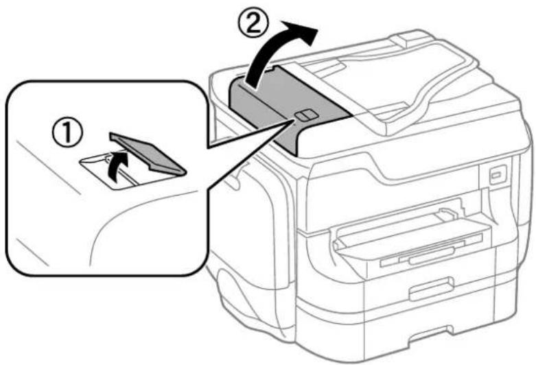 Diagram showing a printer's internal structure with labeled parts and directional arrows indicating assembly or operation.