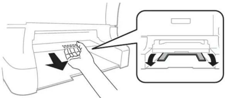 Diagram showing a hand pressing down a printer into a print device, with arrows indicating the process and a magnified view of the printer's internal structure.