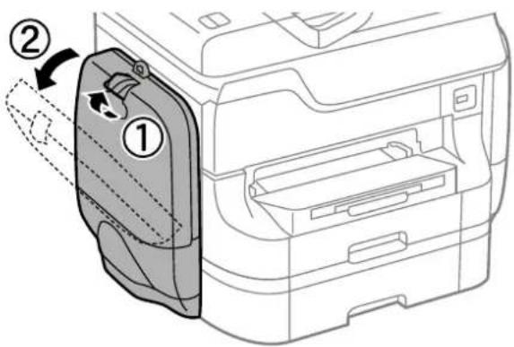 Diagram of a printer's door panel with labeled parts and directional arrows indicating movement or assembly.