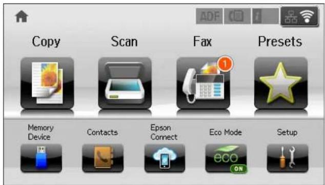 Copy Scan Fax Presets Memory Device Contacts Epson Connect Eco Mode Setup