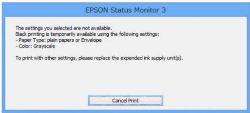 EPSON Status Monitor 3 The settings you selected are not available. Black printing is temporarily available using the following settings: - Paper Type: plain papers or Envelope - Color: Grayscale To print with other settings, please replace the expended ink supply unit(s). Cancel Print