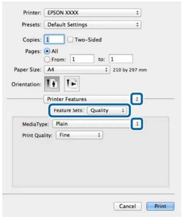 Printer: EPSON XXXX Presets: Default Settings Copies: 1 Two-Sided Pages: All From: 1 to: 1 Paper Size: A4 210 by 297 mm Orientation: Printer Features Feature Sets: Quality MediaType: Plain Print Quality: Fine Cancel Print