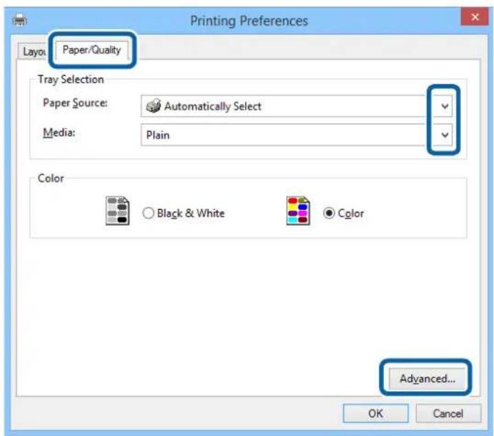 Printing Preferences Layout Paper/Quality Tray Selection Paper Source: Automatically Select Media: Plain Color Black & White Color Advanced... OK Cancel