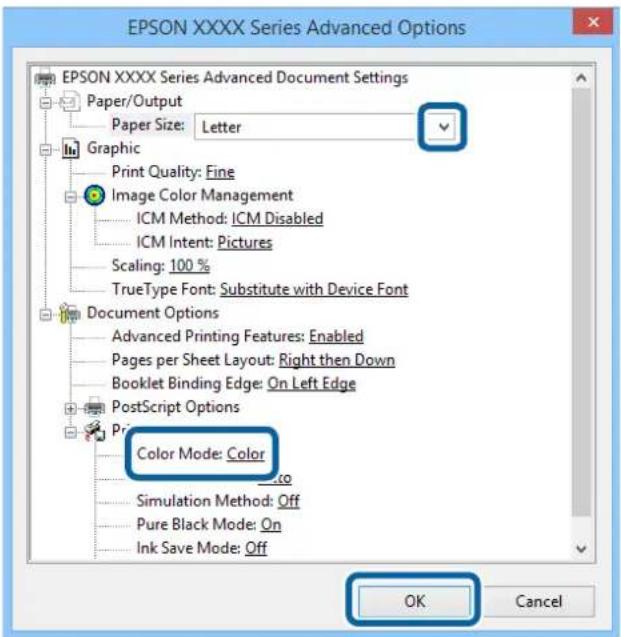 EPSON XXXX Series Advanced Options EPSON XXXX Series Advanced Document Settings Paper/Output Paper Size: Letter Graphic Print Quality: Fine Image Color Management ICM Method: ICM Disabled ICM Intent: Pictures Scaling: 100 % TrueType Font: Substitute with Device Font Document Options Advanced Printing Features: Enabled Pages per Sheet Layout: Right then Down Booklet Binding Edge: On Left Edge PostScript Options Color Mode: Color Simulation Method: Off Pure Black Mode: On Ink Save Mode: Off OK Cancel