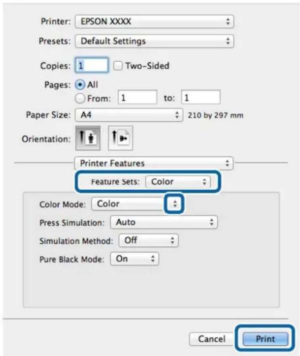 Printer: EPSON XXXX Presets: Default Settings Copies: 1 Two-Sided Pages: All From: 1 to: 1 Paper Size: A4 210 by 297 mm Orientation: Printer Features Feature Sets: Color Color Mode: Color Press Simulation: Auto Simulation Method: Off Pure Black Mode: On Cancel Print
