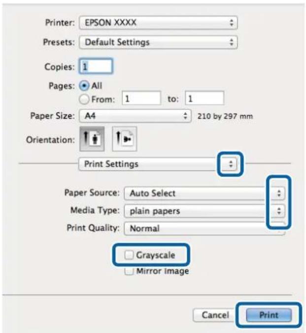 Printer: EPSON XXXX Presets: Default Settings Copies: 1 Pages: All From: 1 to: 1 Paper Size: A4 210 by 297 mm Orientation: Print Settings Paper Source: Auto Select Media Type: plain papers Print Quality: Normal Grayscale Mirror image Cancel Print