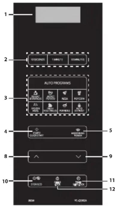 1 2 10 SICPRES 1 MINUTS 10 MINUTS AUTO PROGRAMS BREAK BREAKING MOZZA POTATO NOZA POP CORN BROWN ANIMAL BREAK SWITCHING POKSHOLE AUTO SWITCHER START QUICK START MACHINE POWER 5 8 9 10 STANDARD TIME SWITCHER 11 12 BELOW VC-COMERA