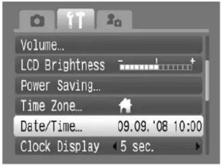Volume... LCD Brightness Power Saving... Time Zone... Date/Time... 09.09. '08 10:00 Clock Display 5 sec.