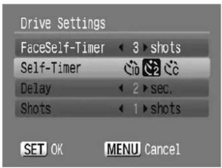 Drive Settings FaceSelf-Timer ◀ 3 ►shots Self-Timer 🔍o 🔒 ⚫ Delay ◀ 2 ►sec. Shots ◀ 1 ►shots SET OK MENU Cancel