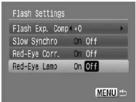 Flash Settings Flash Exp. Comp+0 Slow Synchro On Off Red-Eye Corr. On Off Red-Eye Lamp On Off MENU