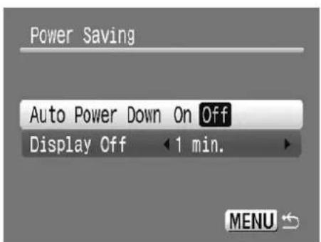 Power Saving Auto Power Down On Off Display Off 1 min. MENU