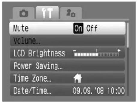 Mute On Off Volume... LCD Brightness - Power Saving... Time Zone... Date/Time... 09.09. '08 10:00