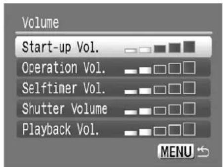 Volume Start-up Vol. Operation Vol. Selftimer Vol. Shutter Volume Playback Vol. MENU