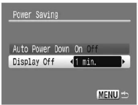 Power Saving Auto Power Down On Off Display Off 1 min. MENU