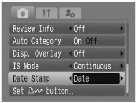 Review Info Auto Category Disp. Overlay IS Mode Date Stamp Set button...
