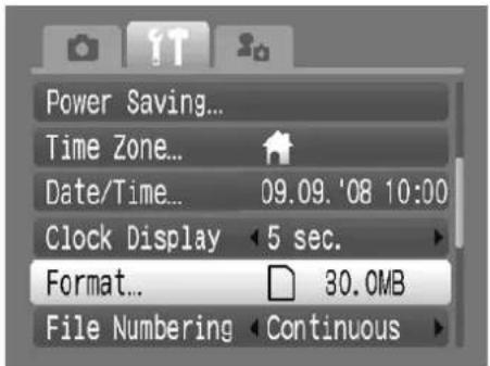 Power Saving... Time Zone... Date/Time... 09.09. '08 10:00 Clock Display 5 sec. Format... 30.0MB File Numbering Continuous