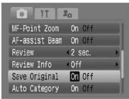 MF-Point Zoom On Off AF-assist Beam On Off Review 2 sec. Review Info Off Save Original On Off Auto Category On Off