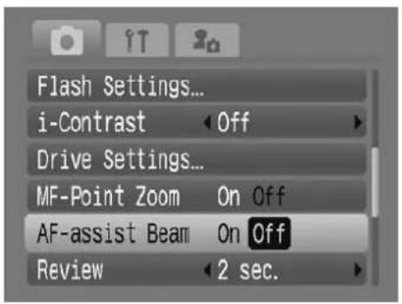 Flash Settings... i-Contrast Off Drive Settings... MF-Point Zoom On Off AF-assist Beam On Off Review 2 sec.