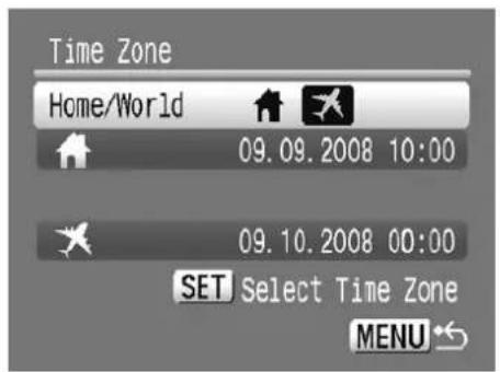 Time Zone Home/World 09.09.2008 10:00 09.10.2008 00:00 SET Select Time Zone MENU
