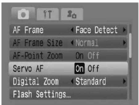 AF Frame AF Frame Size AF-Point Zoom Servo AF Digital Zoom Flash Settings... Face Detect Normal On Off On Off Standard