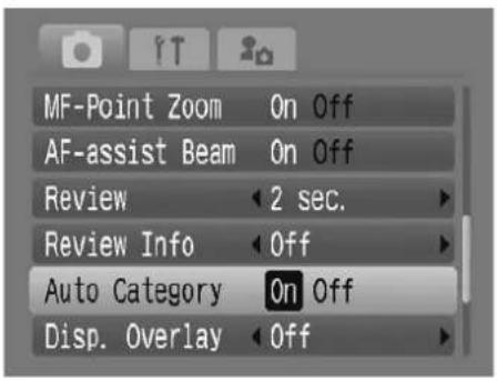 MF-Point Zoom On Off AF-assist Beam On Off Review 2 sec. Review Info Off Auto Category On Off Disp. Overlay Off