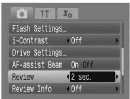 Flash Settings... i-Contrast Off Drive Settings... AF-assist Beam On Off Review 2 sec. Review Info Off