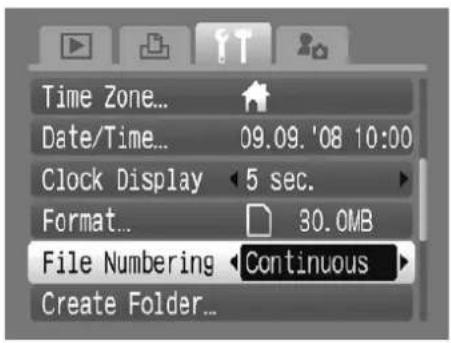 Time Zone... Date/Time... 09.09. '08 10:00 Clock Display 5 sec. Format... 30.0MB File Numbering Continuous Create Folder...
