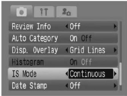 Review Info Auto Category Disp. Overlay Histogram IS Mode Date Stamp Off On Off Grid Lines On Off Continuous