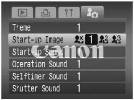 Theme 1 Start-up Image 1 2 3 Start-up Sound Operation Sound 1 Selftimer Sound 1 Shutter Sound 1