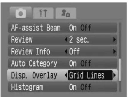 AF-assist Beam On Off Review 2 sec. Review Info Off Auto Category On Off Disp. Overlay Grid Lines Histogram On Off