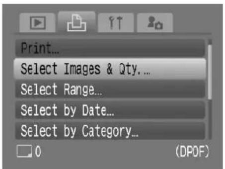 Print... Select Images & Qty... Select Range... Select by Date... Select by Category... 0 (DPOF)