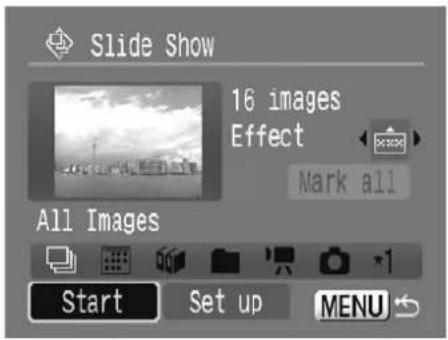 Slide Show 16 images Effect Mark all All Images Start Set up MENU