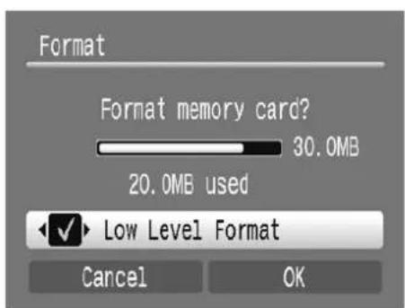 Format Format memory card? 30.0MB 20.0MB used Low Level Format Cancel OK