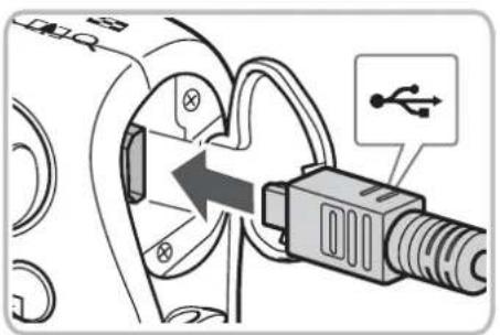 Diagram showing a USB connector inserted into a socket, with an icon indicating the USB symbol.