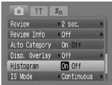 Review 2 sec. Review Info Off Auto Category On Off Disp. Overlay Off Histogram On Off IS Mode Continuous