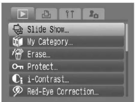 Slide Show... My Category... Erase... Protect... i-Contrast... Red-Eye Correction...