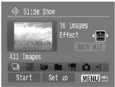 Slide Snow 16 images Effect Mark all All Images Start Set up MENU