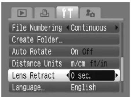 File Numbering < Continuous Create Folder... Auto Rotate On Off Distance Units m/cm ft/in Lens Retract 0 sec. Language... English