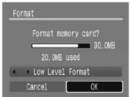 Format Format memory card? 30.0MB 20.0MB used Low Level Format Cancel OK